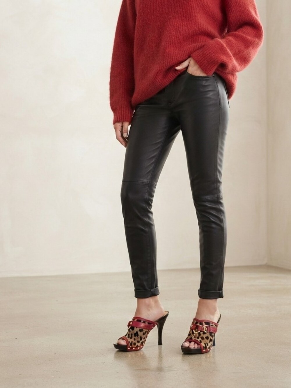 Auth Dolce & Gabbana Leopard Print Open-Toe Mules with Red Leather Trim  38